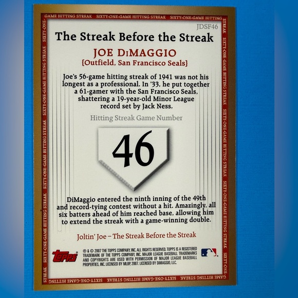 2007 Topps #JDSF46 Joe DiMaggio Joe DiMaggio: The Streak Before the Streak - Picture 2 of 2